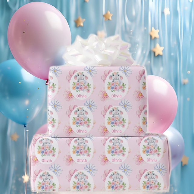 Sweet Mouse Pastels Flowers Add Girl's Name Wrapping Paper (Creator Uploaded)