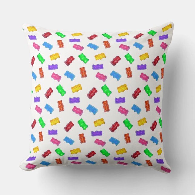 Sweet multicolored bear candy pattern on white throw pillow (Front)