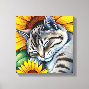 Sweet Napping Grey Cat and Sunflower Canvas Print
