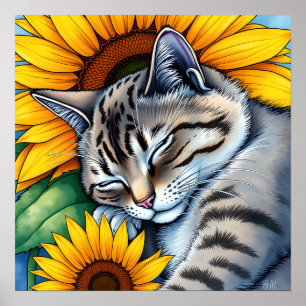 Sweet Napping Grey Cat and Sunflower Poster