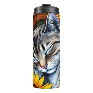 Sweet Napping Grey Cat and Sunflower Thermal Tumbler