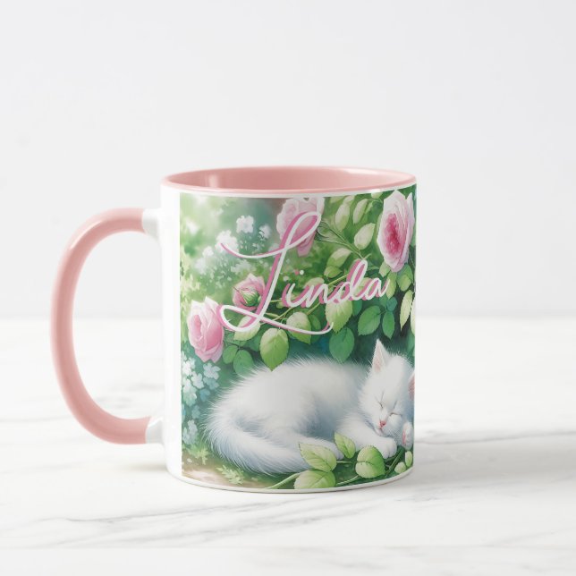 Sweet Napping White Kitten under a Rose Bush  Mug (Left)