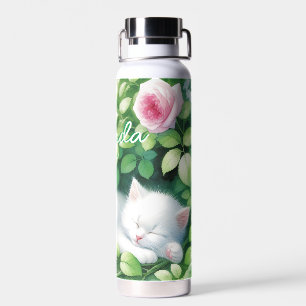 Sweet Napping White Kitten under a Rose Bush  Water Bottle