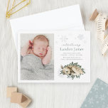 Sweet Newborn Deer Blue Green Baby Boy Photo Birth Announcement<br><div class="desc">An elegant winter birth announcement for your sweet baby boy. Design features a portrait photo of your newborn alongside a watercolor illustration of a baby deer fawn curled up in a bed of greenery on the snow. Shimmering snowflakes accent the design. This seasonal holiday birth announcement card features neutral shades...</div>