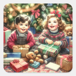 Sweet Nostalgic Children on Christmas Square Sticker