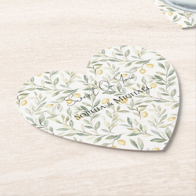Sweet On You Lemons Wedding Paper Coaster (Angled)