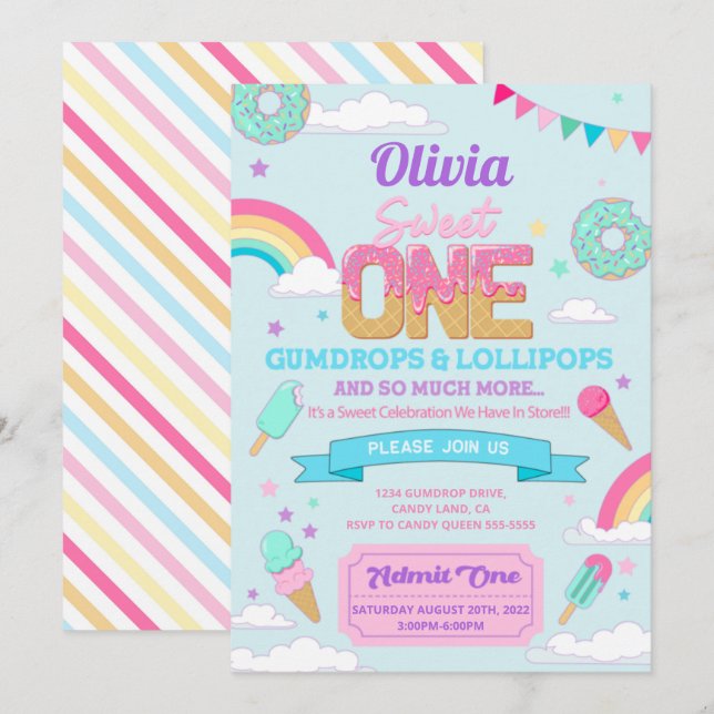 Sweet One 1st Birthday Party Candy Land Invitation (Front/Back)