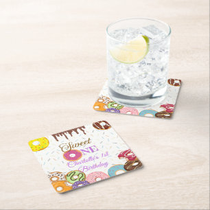 Sweet One 1st Birthday Party Customizable Square Paper Coaster