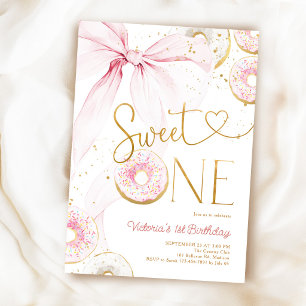 Sweet One 1st Birthday Pink Bow Doughnuts Invitation