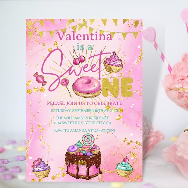 Sweet One 1st Birthday Pink Faux Glitter Doughnut Invitation (Creator Uploaded)