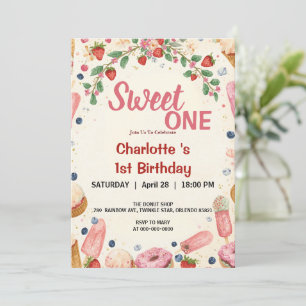 Sweet One 1st Birthday Strawberry Doughnut Ice Cre Invitation