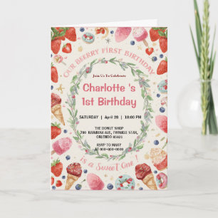 Sweet One 1st Birthday Strawberry Doughnut Ice Cre Invitation