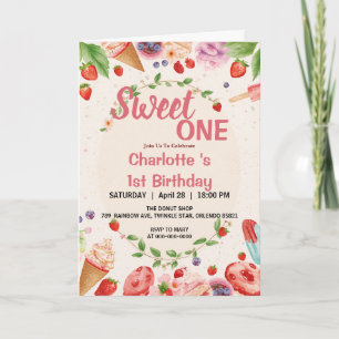 Sweet One 1st Birthday Strawberry Doughnut Ice Cre Invitation