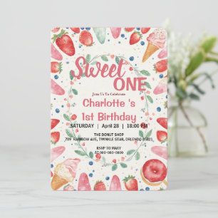 Sweet One 1st Birthday Strawberry Doughnut Ice Cre Invitation