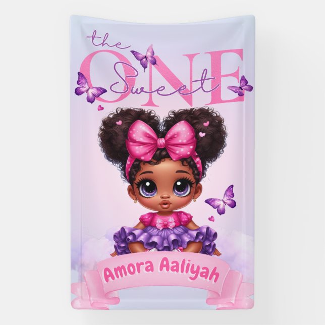 Sweet ONE Afro Puff Baby Girl Purple 1st Birthday  Banner (Vertical)