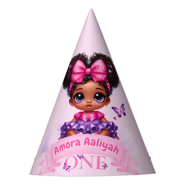 Sweet ONE Afro Puff Baby Girl Purple 1st Birthday Party Hat (Front)
