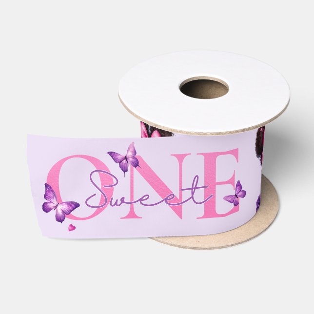 Sweet ONE Afro Puff Baby Girl Purple 1st Birthday  Satin Ribbon (Spool)