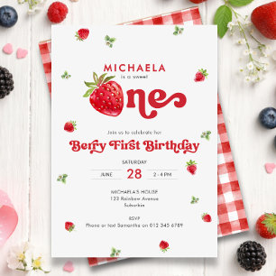 Sweet One Berry First Birthday Strawberry Gingham Invitation