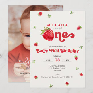 Sweet One Berry First Birthday Strawberry Photo Invitation