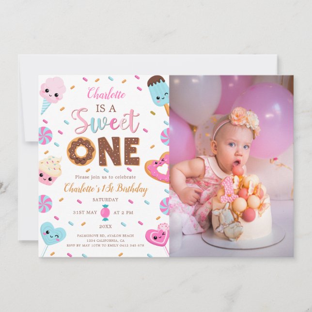 Sweet One Birthday Doughnut Candy 1St Birthday Pho Invitation (Front)