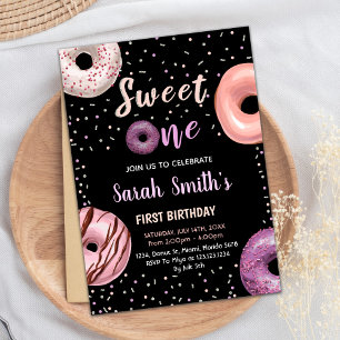 Sweet One Black Donut Invitations Anniversaire