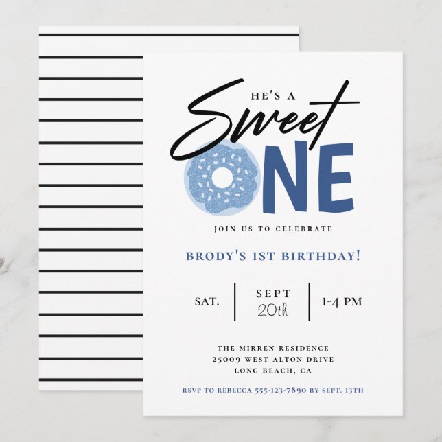 Sweet One Blue Doughnut 1st Birthday Party Invitation (Front/Back)