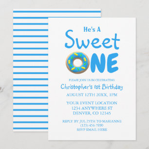 Sweet One Blue Doughnut Boy 1st Birthday Invitation