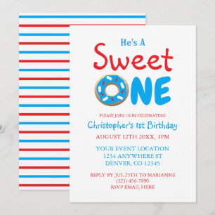 Sweet One Blue Doughnut Boy 1st Birthday Invitation