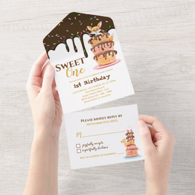 Sweet One Cat and Dripping Chocolate 1s Birthday  All In One Invitation (Tearaway)