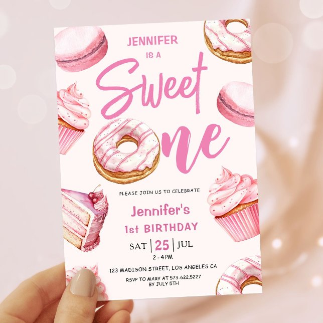 Sweet One Cute Doughnuts Pink Girl 1st Birthday Pa Invitation (Creator Uploaded)
