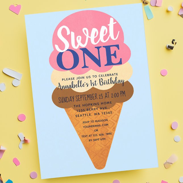 Sweet One Cute Ice Cream Kids 1st Birthday Invitation (Creator Uploaded)