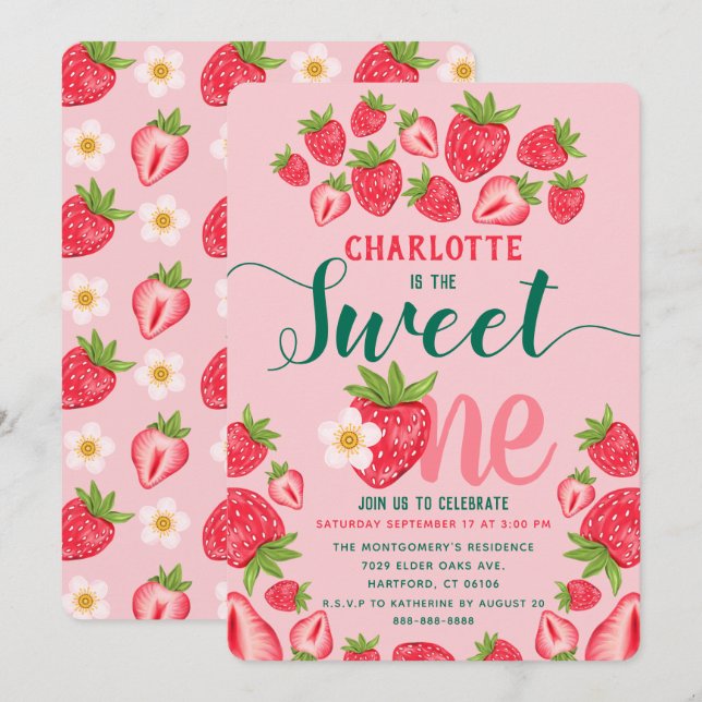 Sweet One Cute Pink Strawberry 1st Birthday Party Invitation (Front/Back)