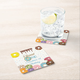 Sweet One Doughnut Birthday 1st Birthday Party Square Paper Coaster