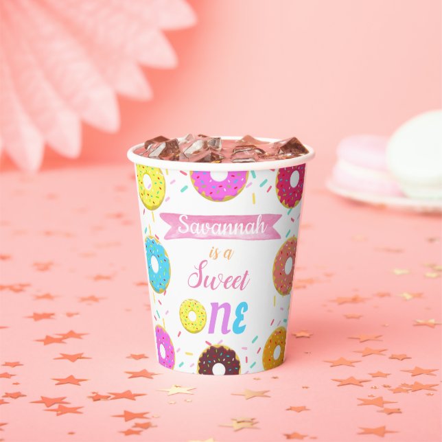 Sweet One Doughnut Birthday Invitation Paper Plate Cups (Insitu)