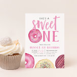 Sweet One | Doughnut First Birthday Party Invitation<br><div class="desc">Cute first birthday party invitations feature "she's a sweet one" in the centre with your party details beneath,  surrounded by watercolor doughnut illustrations in shades of pink. A sprinkle doughnut takes the place of the letter "O" for a cute and whimsical touch.</div>