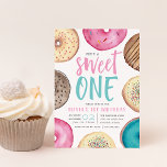 Sweet One | Doughnut First Birthday Party Invitation<br><div class="desc">Cute first birthday party invitations feature "she's a sweet one" in the centre with your party details beneath,  surrounded by watercolor doughnut illustrations in neutrals,  pink,  and aqua.</div>