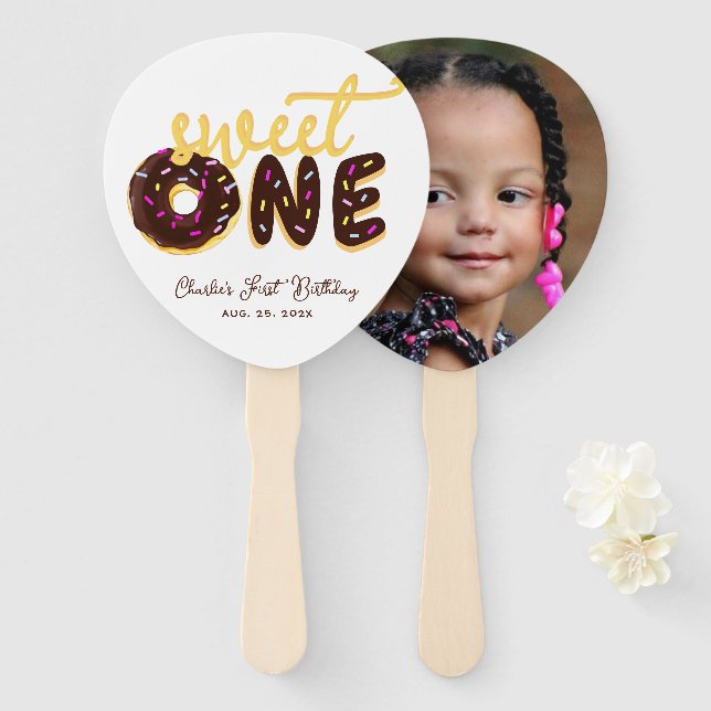 Sweet One Doughnut First Birthday Photo Chocolate Hand Fan (Front and Back)