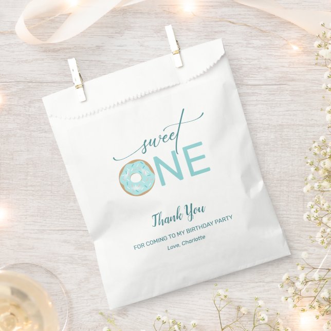 Sweet One Doughnut Girl's 1st Birthday Teal Thank  Favour Bag (Clipped)