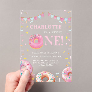 Sweet One Doughnut Pink First Birthday Party Acrylic Invitations