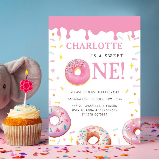 Sweet One Doughnut Pink Glaze First Birthday Party Invitation (Creator Uploaded)