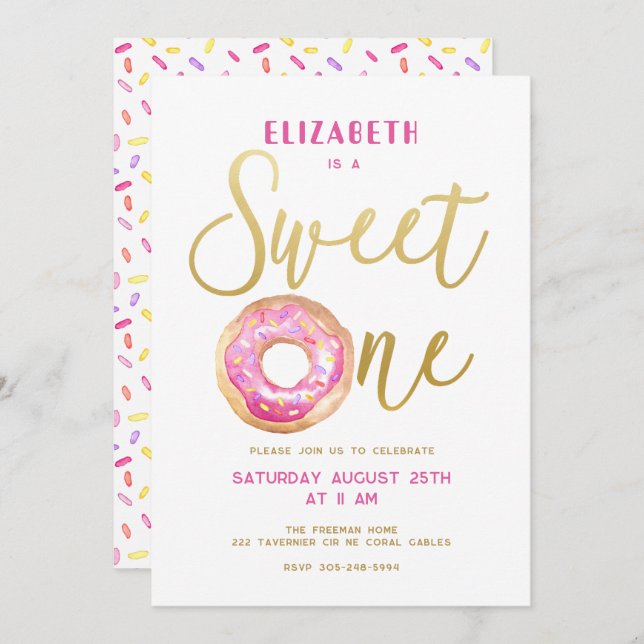Sweet One Doughnut Sprinkle Girl 1st Birthday Invitation (Front/Back)