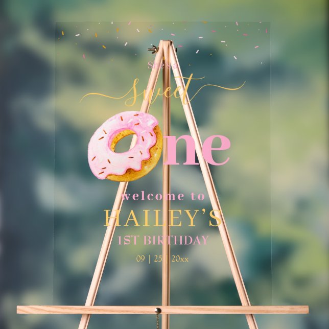 Sweet One Doughnuts Birthday Invitation, Pink Doug Acrylic Sign (Neutral)