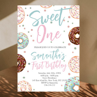 Sweet One Doughnuts Watercolor First Birthday  Invitation