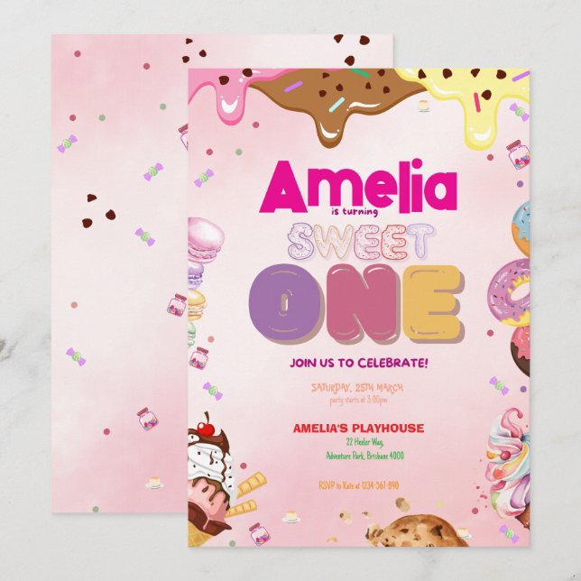 Sweet One First Birthday Invitation | Candy-Themed (Front/Back)