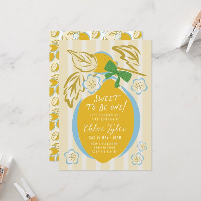 Sweet One First Birthday Invite Boy Lemon 1st (Front/Back In Situ)