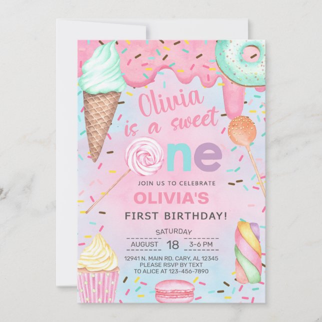 Sweet One girl first, 1st birthday invitation. Inv Invitation (Front)
