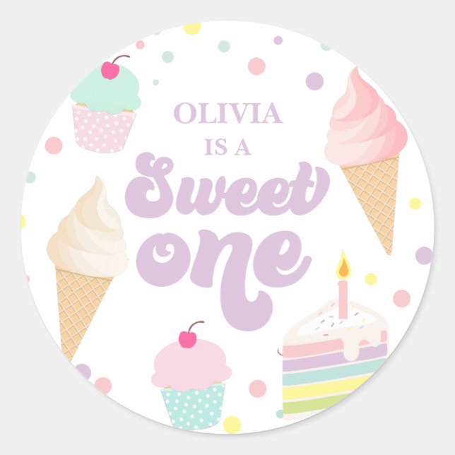 Sweet One Ice Cream and Cake 1st Birthday Classic Round Sticker (Front)