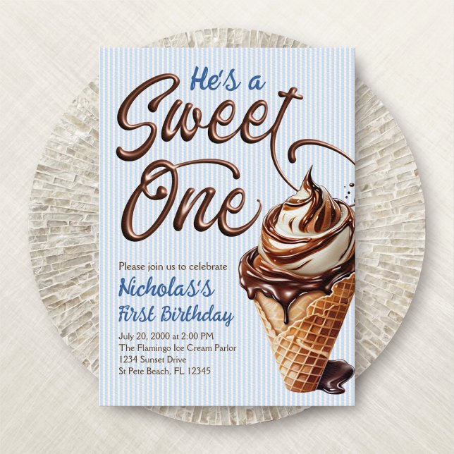 Sweet One Ice Cream Boys 1st Birthday Invitation (Creator Uploaded)