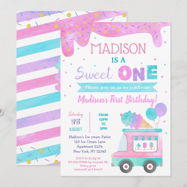 Sweet One Ice Cream First Birthday Invitations (Devant / Derrière)