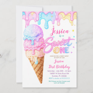 Sweet One Ice Cream Pastel Glitter Birthday  Invitation